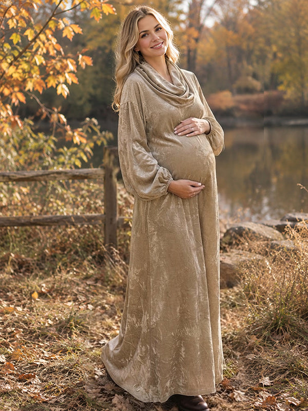 Khaki Photoshoot Maternity Maxi Dress with swing collar and pleuche texture and loose silhouette, for photography session