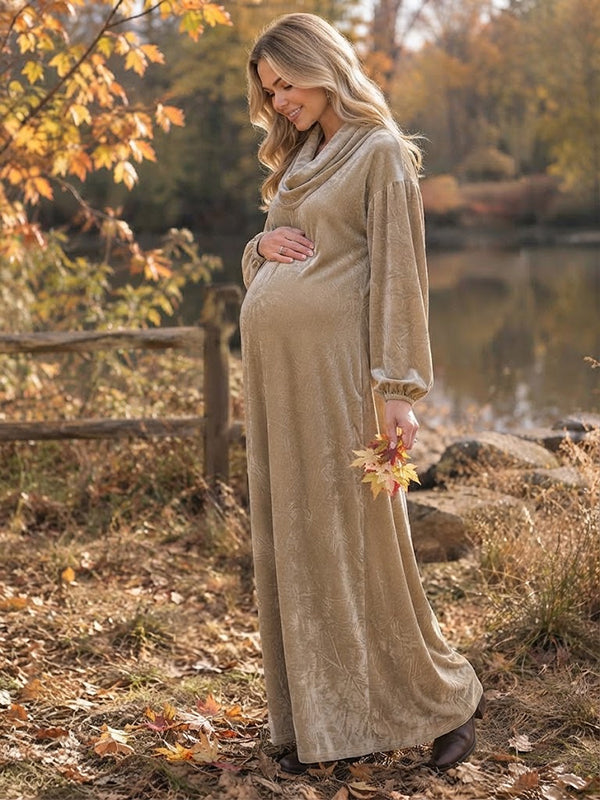 Khaki Photoshoot Maternity Maxi Dress with swing collar and pleuche texture loose silhouette