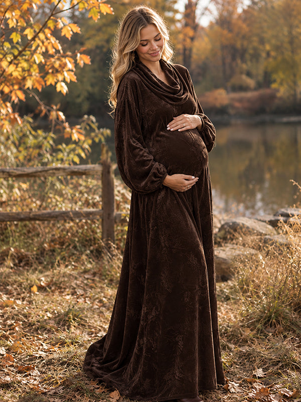Brown Photoshoot Maternity Maxi Dress with swing collar and pleuche texture loose silhouette