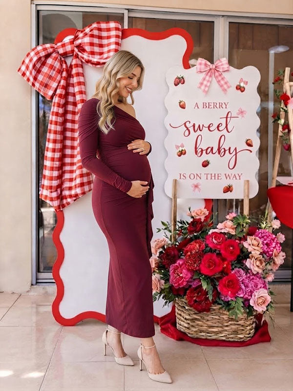 Wine Red Oblique Shoulder Maternity Gown with Side Ruffle Cascade for Berry Baby Shower