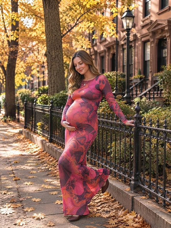 Colorful Abstract Print Long Sleeve Maternity Bodycon Gown Autumn City Sidewalk Shoot