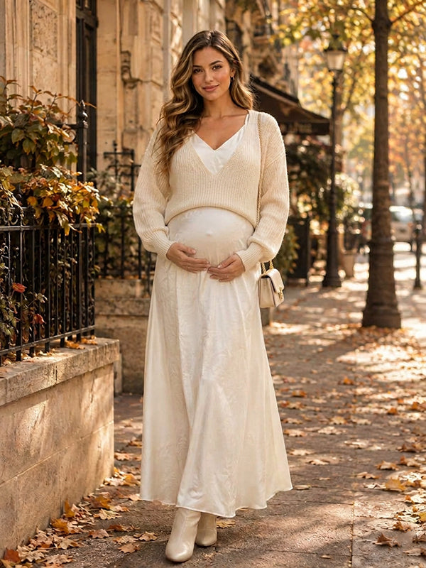 Apricot 2-in-1 Crochet Sweater & Spaghetti Straps Maternity Maxi Dress with 2-in-1 Crochet Sweater Layer & Spaghetti Straps and Versatile Flowy Maxi Fit, Daily Wear, Work & Going Out