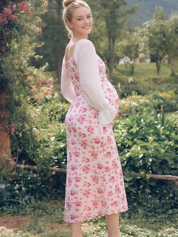 Pink Floral Mermaid Vacation Maternity Maxi Dress with Elegant Floral Pattern & Mermaid Silhouette