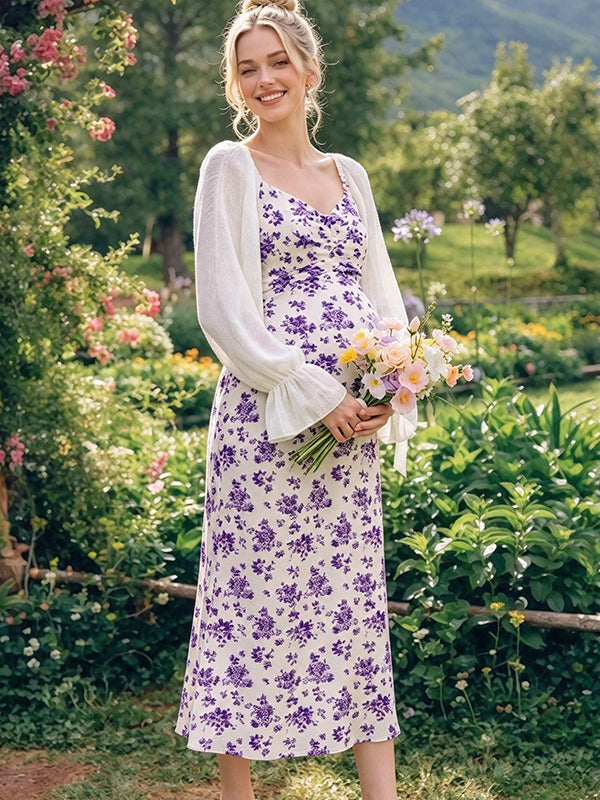 Purple Floral Mermaid Vacation Maternity Maxi Dress with Elegant Floral Pattern & Mermaid Silhouette and Bodycon Maxi Fit, Vacation & Daily Wear
