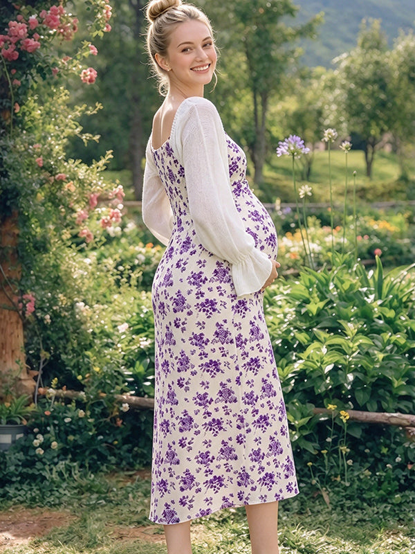 Purple Floral Mermaid Vacation Maternity Maxi Dress with Elegant Floral Pattern & Mermaid Silhouette Bodycon Maxi Fit
