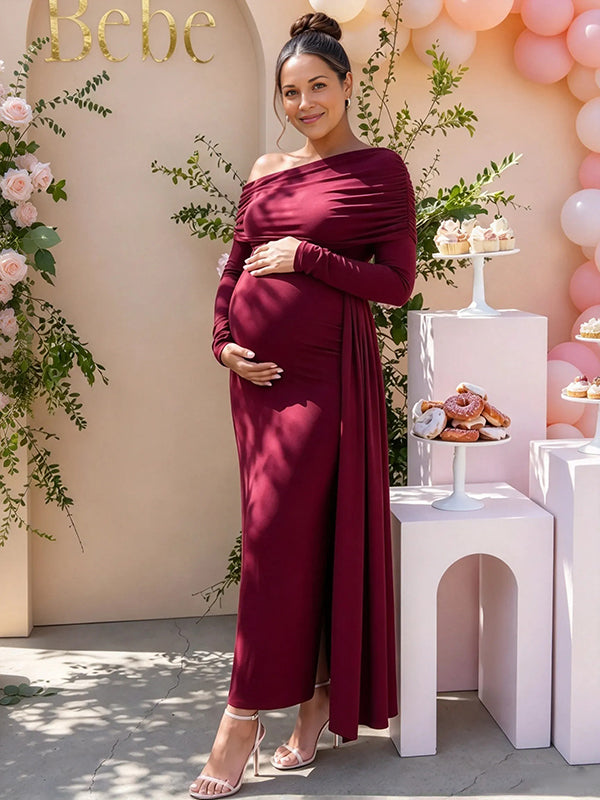 Wine Red Side Draped Oblique Shoulder Baby Shower Maternity Maxi Dress with Side Draped & Oblique Shoulder Details and Chic Asymmetrical Fit Maxi, Cocktail Events & Baby Shower