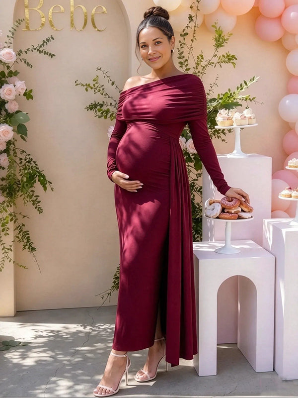 Wine Red Side Draped Oblique Shoulder Baby Shower Maternity Maxi Dress with Side Draped & Oblique Shoulder Details Chic Asymmetrical Fit Maxi
