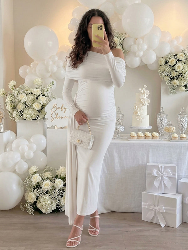 White Side Draped Oblique Shoulder Baby Shower Maternity Maxi Dress with Side Draped & Oblique Shoulder Details and Chic Asymmetrical Fit Maxi, Cocktail Events & Baby Shower