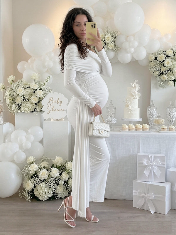 White Side Draped Oblique Shoulder Baby Shower Maternity Maxi Dress with Side Draped & Oblique Shoulder Details Chic Asymmetrical Fit Maxi