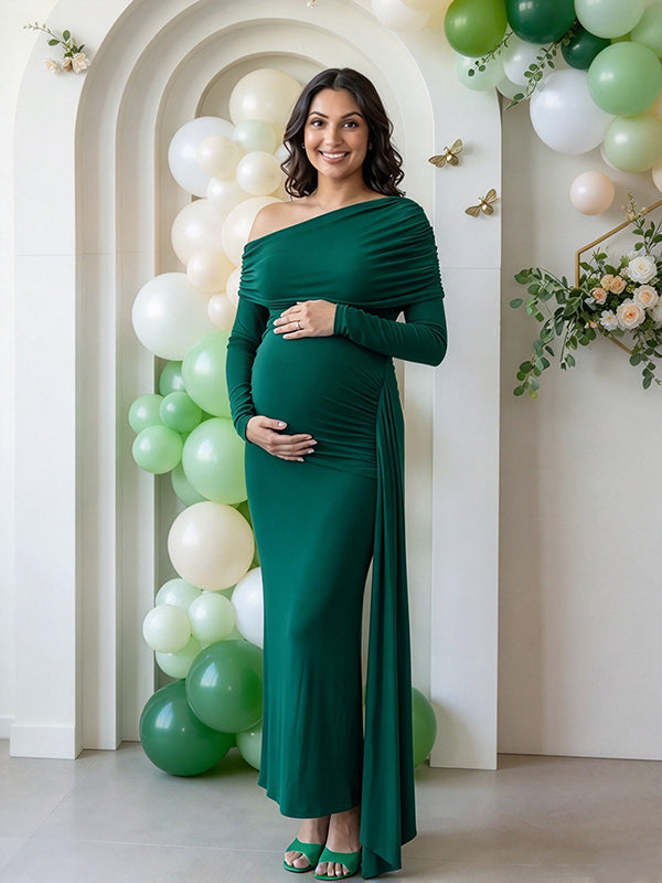 Green Side Draped Oblique Shoulder Baby Shower Maternity Maxi Dress with Side Draped & Oblique Shoulder Details and Chic Asymmetrical Fit Maxi, Cocktail Events & Baby Shower