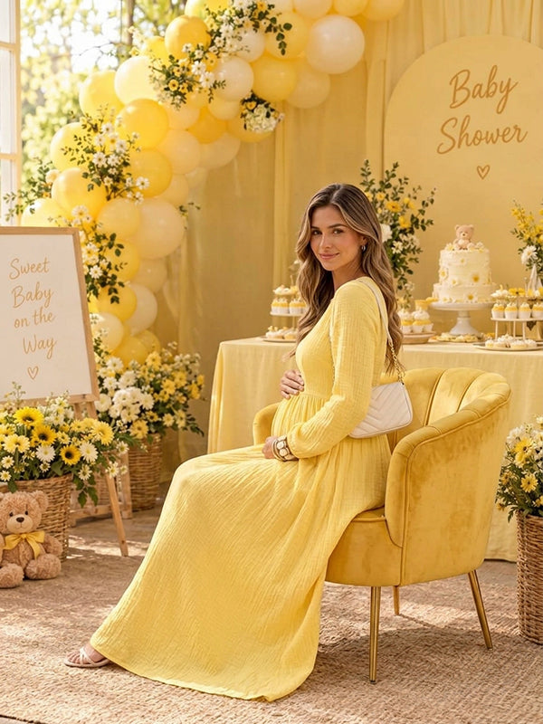 Yellow A-Line Big Swing Baby Shower Maternity Maxi Dress with Big Swing Hem & Stretch Fabric Loose A-Line Fit Maxi