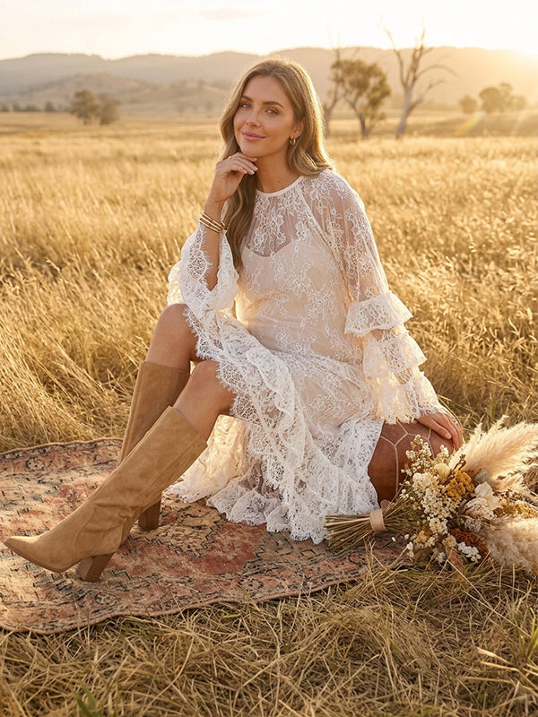 White Lace Transparent Maternity Maxi Dress with High-Low Hem and Falbala Details Boho Loose Fit