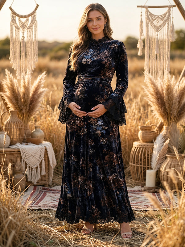 Blue Black Floral Velvet Maternity Maxi Dress with Lace Details and Elegant Vintage Fit, Photoshoot Occasion