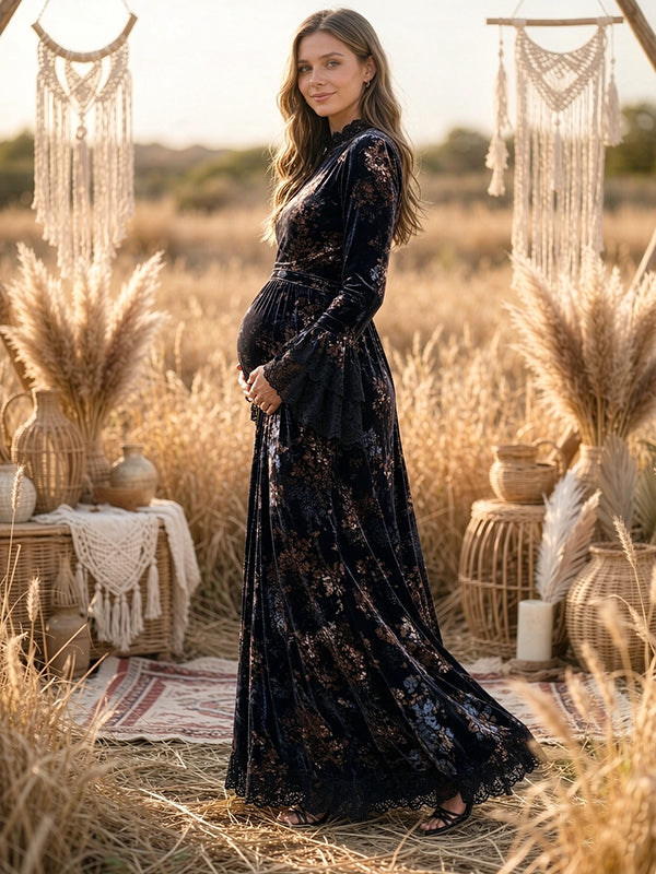 Blue Black Floral Velvet Maternity Maxi Dress with Lace Details Elegant Vintage Fit