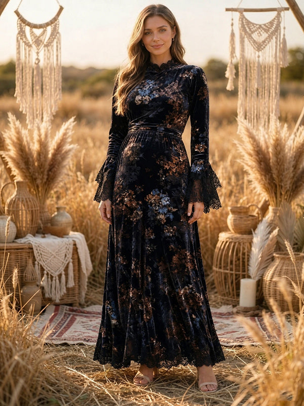 Blue Black Velvet Maternity Maxi Dress with Floral Pattern and Lace Trim Vintage Silhouette