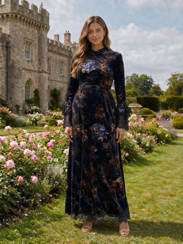 Blue Black Velvet Maternity Maxi Dress with Lace Overlay and Vintage Floral Design