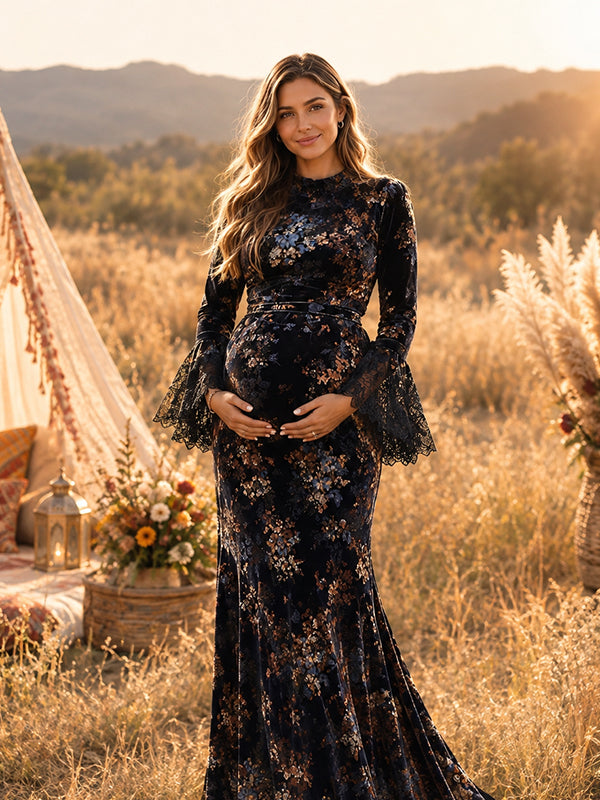 Blue Black Floral Velvet Maternity Maxi Dress with Elegant Lace Details and Flowing Silhouette