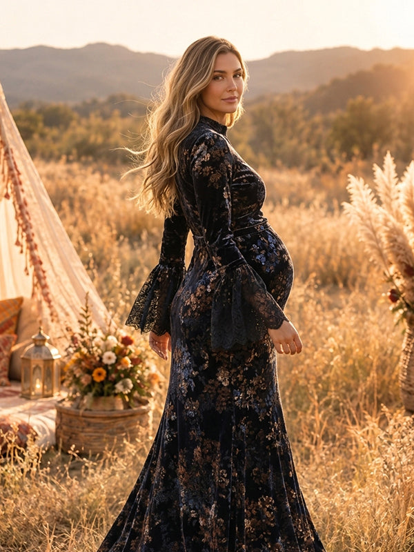 Blue Black Floral Velvet Maternity Maxi Dress with Lace Details