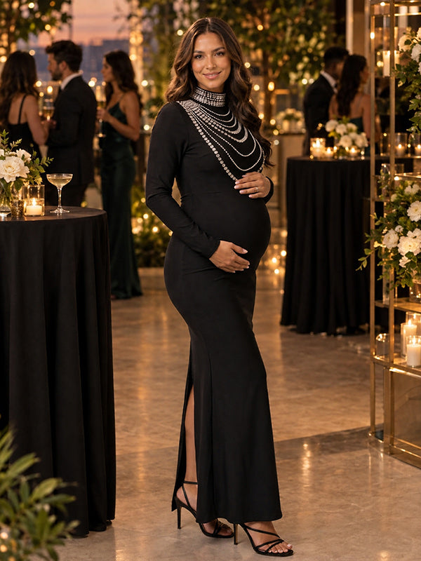 Black Rhinestone Maternity Maxi Dress with Mermaid Silhouette and Stretch Bodycon Fit