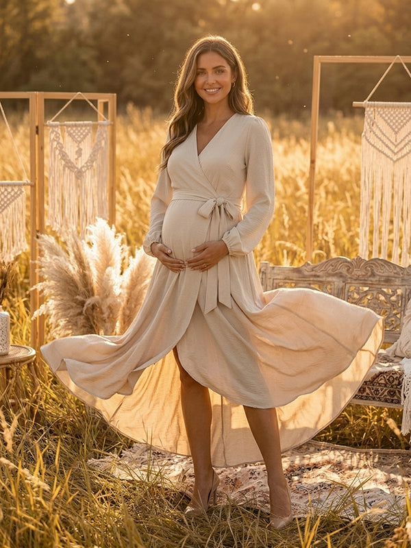 Khaki Maternity Maxi Dress with Asymmetrical Hem and Belt Detail Flowy Fit