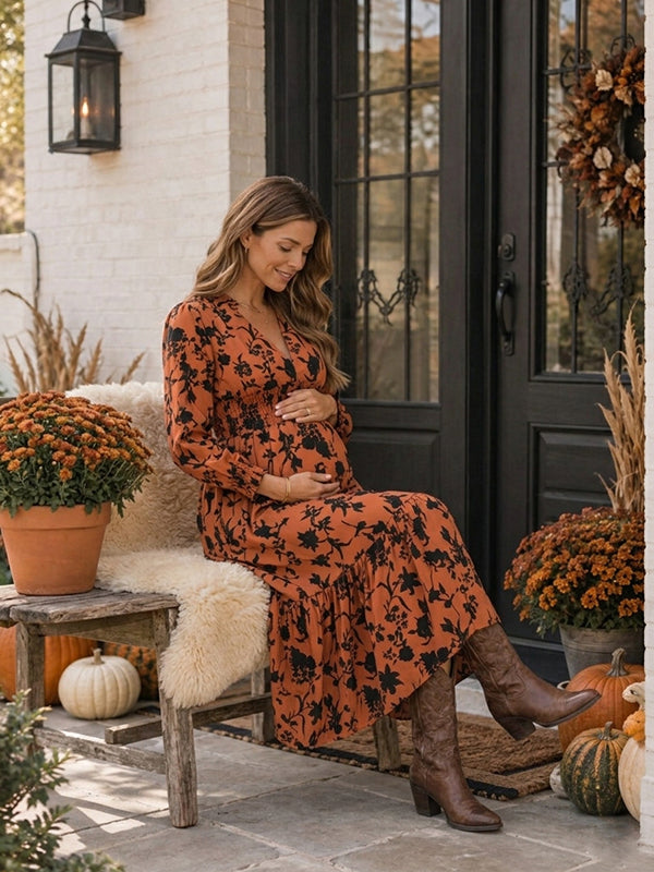 Orange Floral Maternity Maxi Dress with Falbala Ruffle Details Flowy Loose Fit