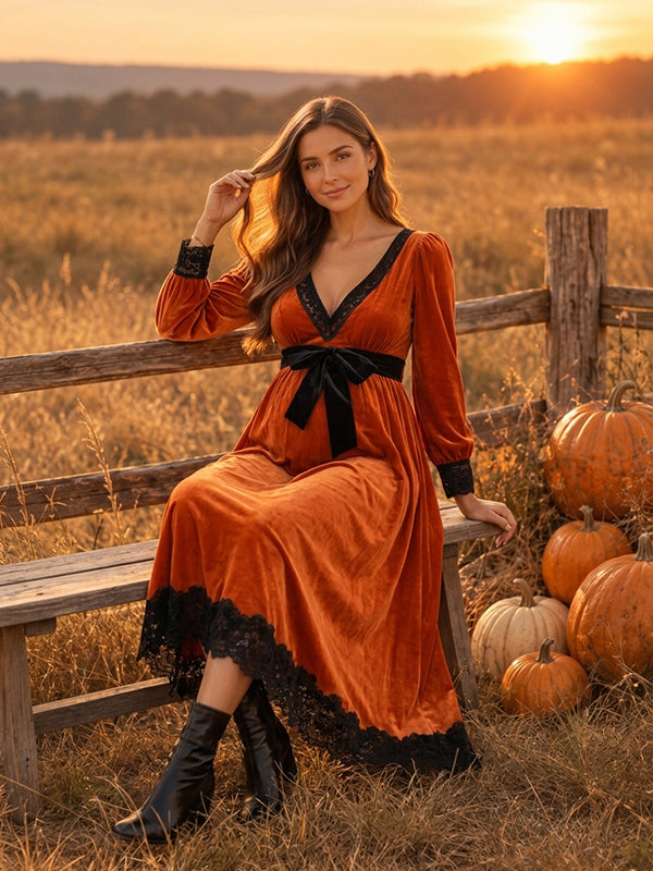 Orange Velvet Lace Bowknot Photoshoot Maternity Maxi Dress with Velvet Lace Details & Bowknot Accent Stretch Loose Fit Maxi