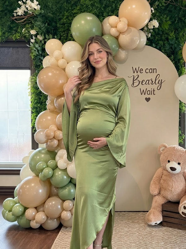 Elegant Sage Green Oblique Shoulder Maternity Evening Maxi Dress with Flared Sleeves