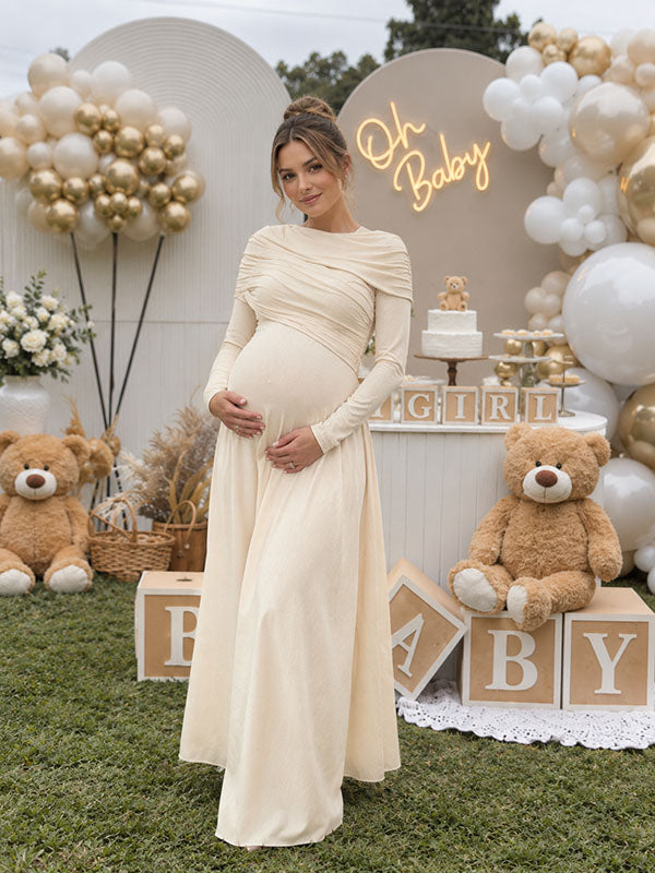 Elegant Light Beige Long Sleeve Draped Maternity Gown for Teddy Bear Baby Shower Arch