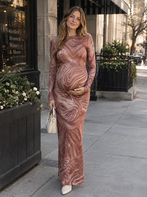 Brown Floral Bodycon Maternity Maxi Dress