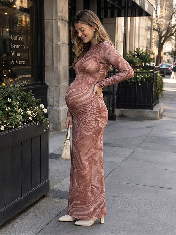 Earthy Brown Swirl Pattern Long Sleeve Maternity Maxi Dress on City Sidewalk