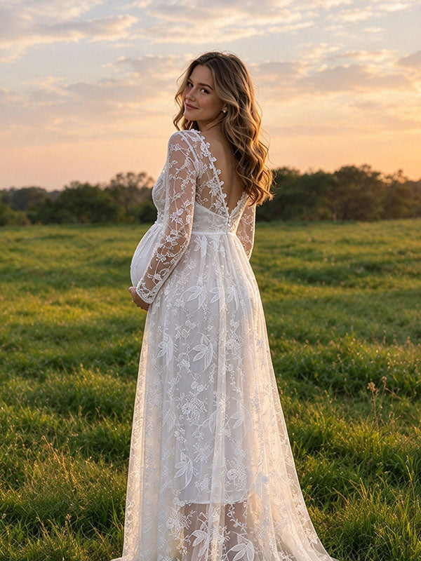 Bohemian White Sheer Lace Maternity Gown with Daisy Flower Basket in Sunset Meadow