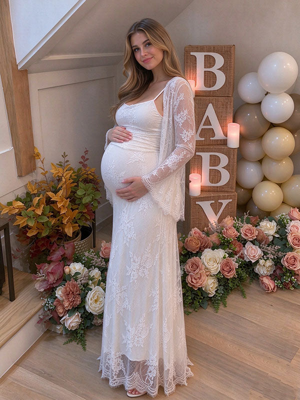 White Sheer Floral Lace 2-Piece Maternity Maxi Gown Set with Duster for Baby Shower