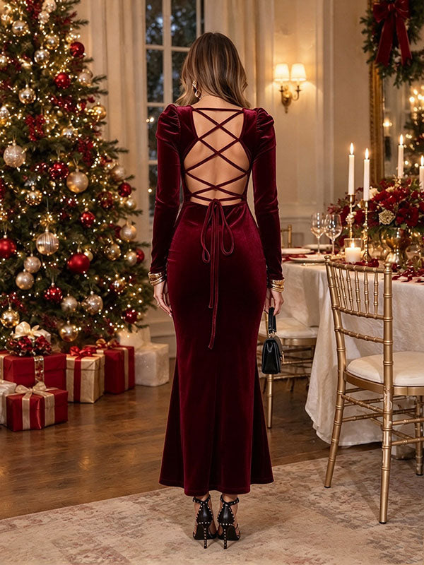 Wine Red Velvet Square Neck Maternity Mermaid Gown with Flared Hem Christmas Gala