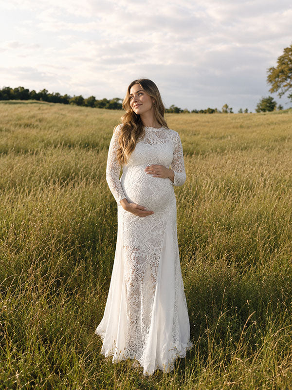 White Lace Backless Photoshoot Maternity Maxi Dress
