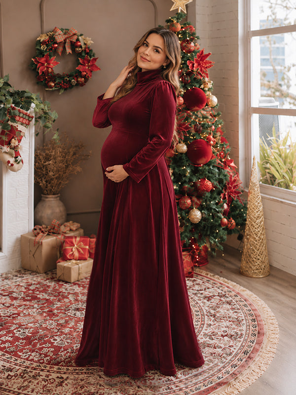 Wine Red Christmas Velvet Maternity Maxi Dress with High Neck and Elegant Silhouette