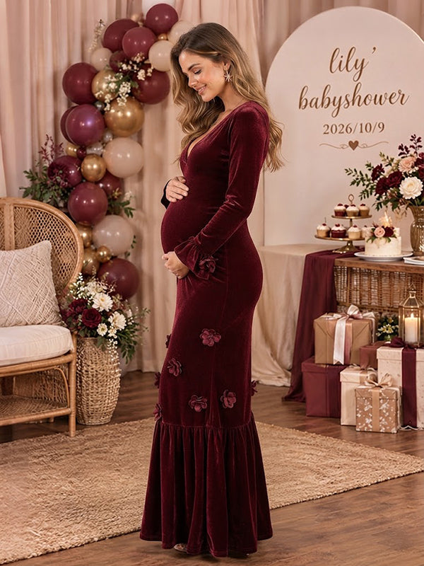 Wine Red 3D Flower Maternity Maxi Dress with Elegant Floral Details and Flowing Silhouette