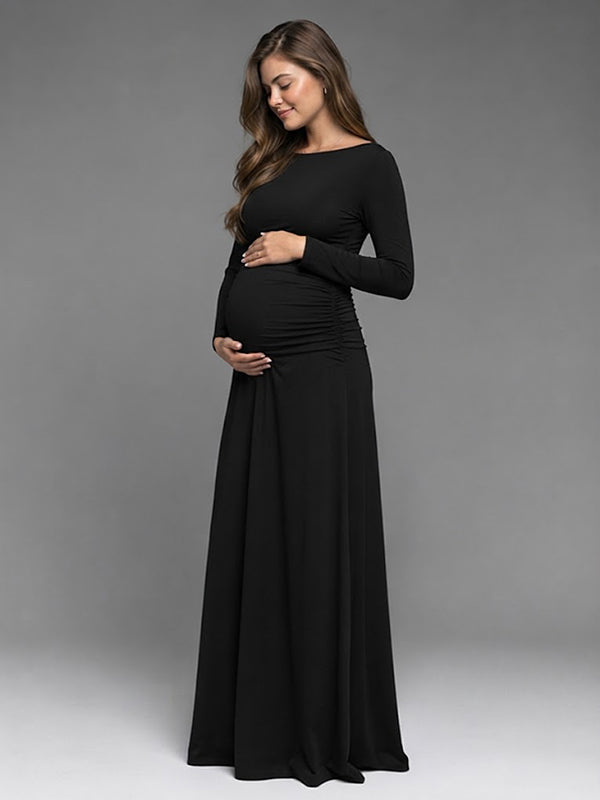 Black Pleated Maternity Maxi Dress with Elegant Details and Flowing Silhouette