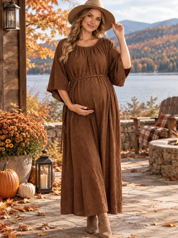Brown Lace Up Maternity Maxi Dress with Elegant Details and Loose Fit, Photoshoot Occasion