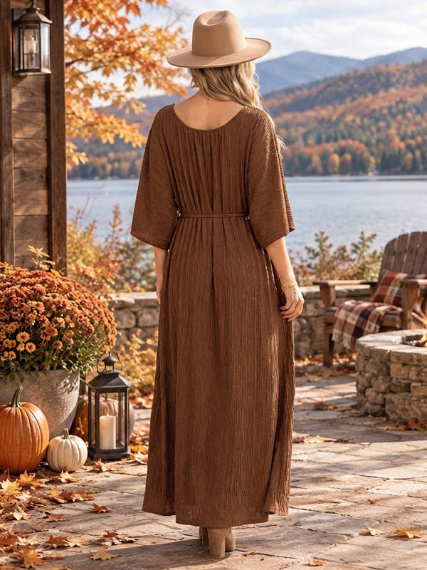 Brown Lace Up Maternity Maxi Dress with Elegant Details and Loose Silhouette