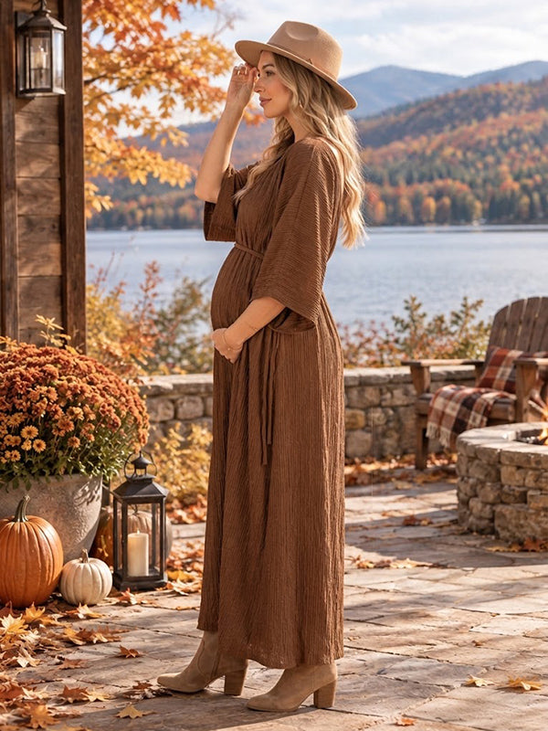 Brown Lace Up Maternity Maxi Dress with Elegant Lace Up Details