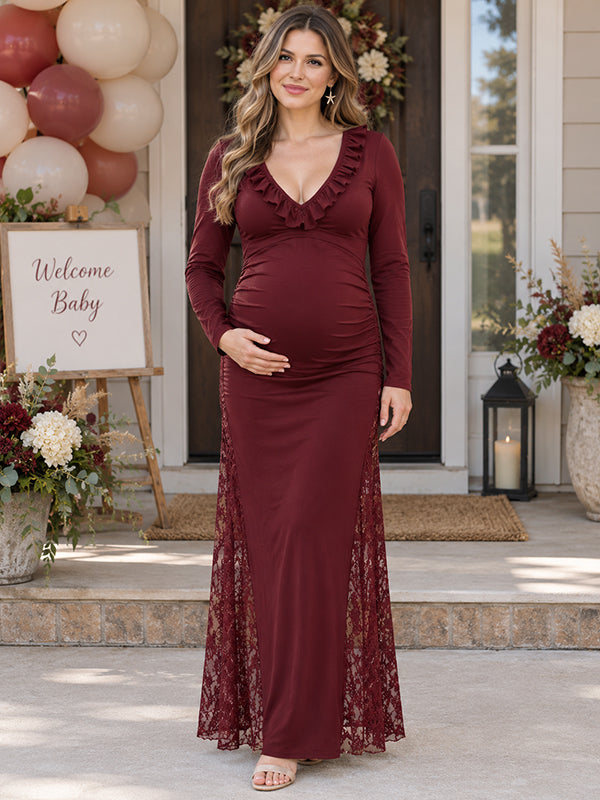 Wine Red Lace Splicing Maternity Maxi Dress with Falbala and Flattering Fit, Baby Shower Occasion