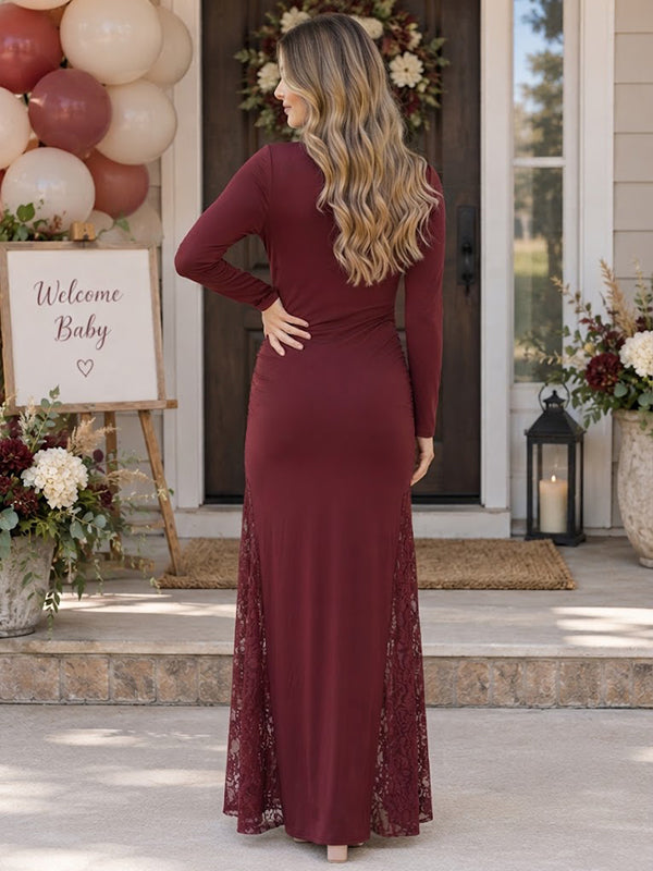 Wine Red Lace Splicing Maternity Maxi Dress with Falbala and Flattering Fit