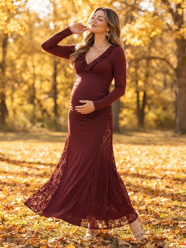 Wine Red Lace Splicing Maternity Maxi Dress with Falbala and Flattering Fit, Maternity Photoshoot