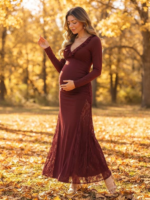Wine Red Lace Splicing Maternity Maxi Dress with Falbala and Flowing Silhouette