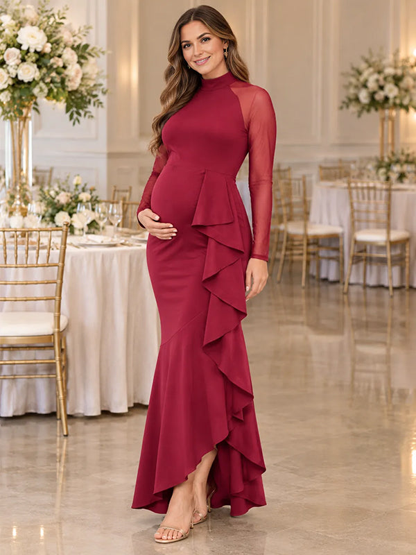 Wine Red Irregular Maternity Maxi Dress with Elegant Splicing and Flattering Fit, Baby Shower Occasion