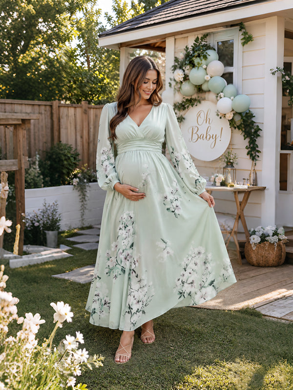 Elegant Floral Pleated Baby Shower Maternity Maxi Dress | Momyknows