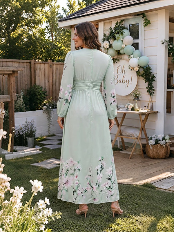 Green Floral Pleated Maternity Maxi Dress with Elegant Pattern and Bodycon Fit