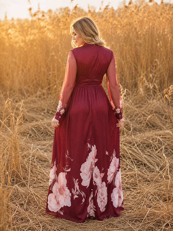 Red Mesh Floral Maternity Maxi Dress with Elegant Floral Details and Flowing Silhouette