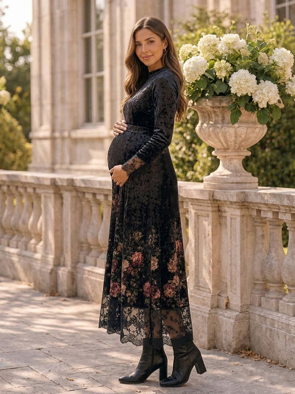 Black Lace Floral Velvet Ceremony Maternity Maxi Dress with Lace Floral Accent & Velvet Fabric Loose Fit Maxi