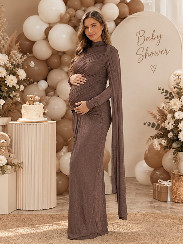 Brown Ruched Side Draped Baby Shower Maternity Maxi Dress with Ruched Details & Side Draped Accent Bodycon Fit Maxi